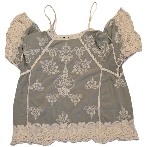 Democracy Lace Trimmed Embroidered Boho Blouse Top Green Size 1X - Picture 2 of 5